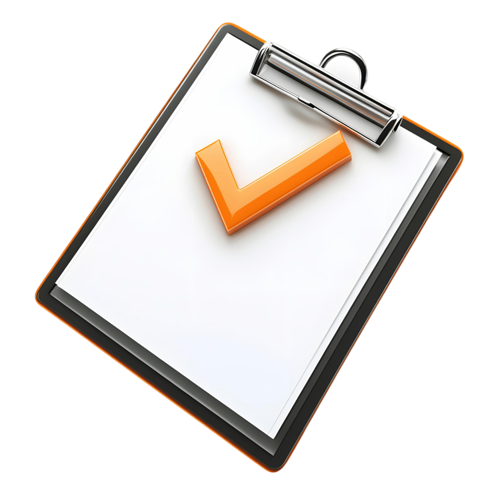 3D clipboard with an orange checkmark in a sleek modern style png