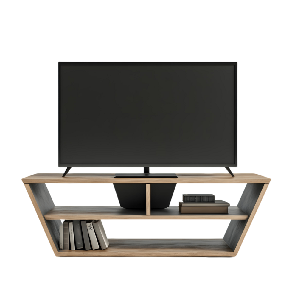 Sleek modern TV stand with built in shelves for media storage png
