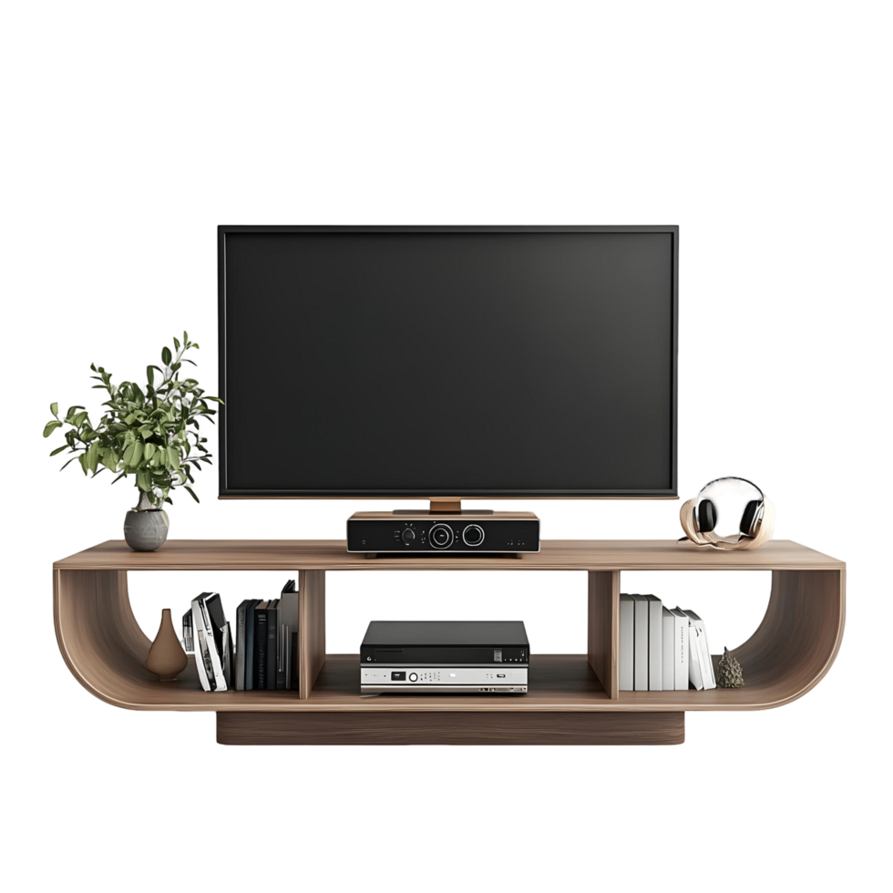Stylish TV stand featuring multiple shelves for organization png