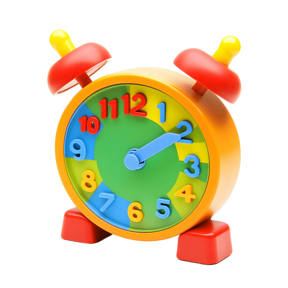 Colorful toy clock with adjustable hands for teaching hours and minutes png