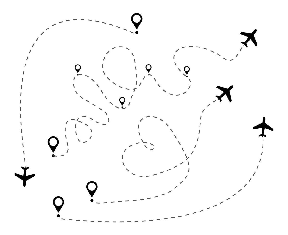 Set of plane flight path, dashed line airplane route, Different of Aircraft trace with map pin, Flying heart shape vector