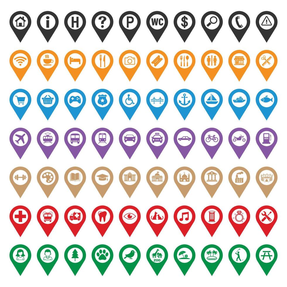 Map Pin Location Icons Set, Travel and Destination Markers, Colored Pointers Signs vector