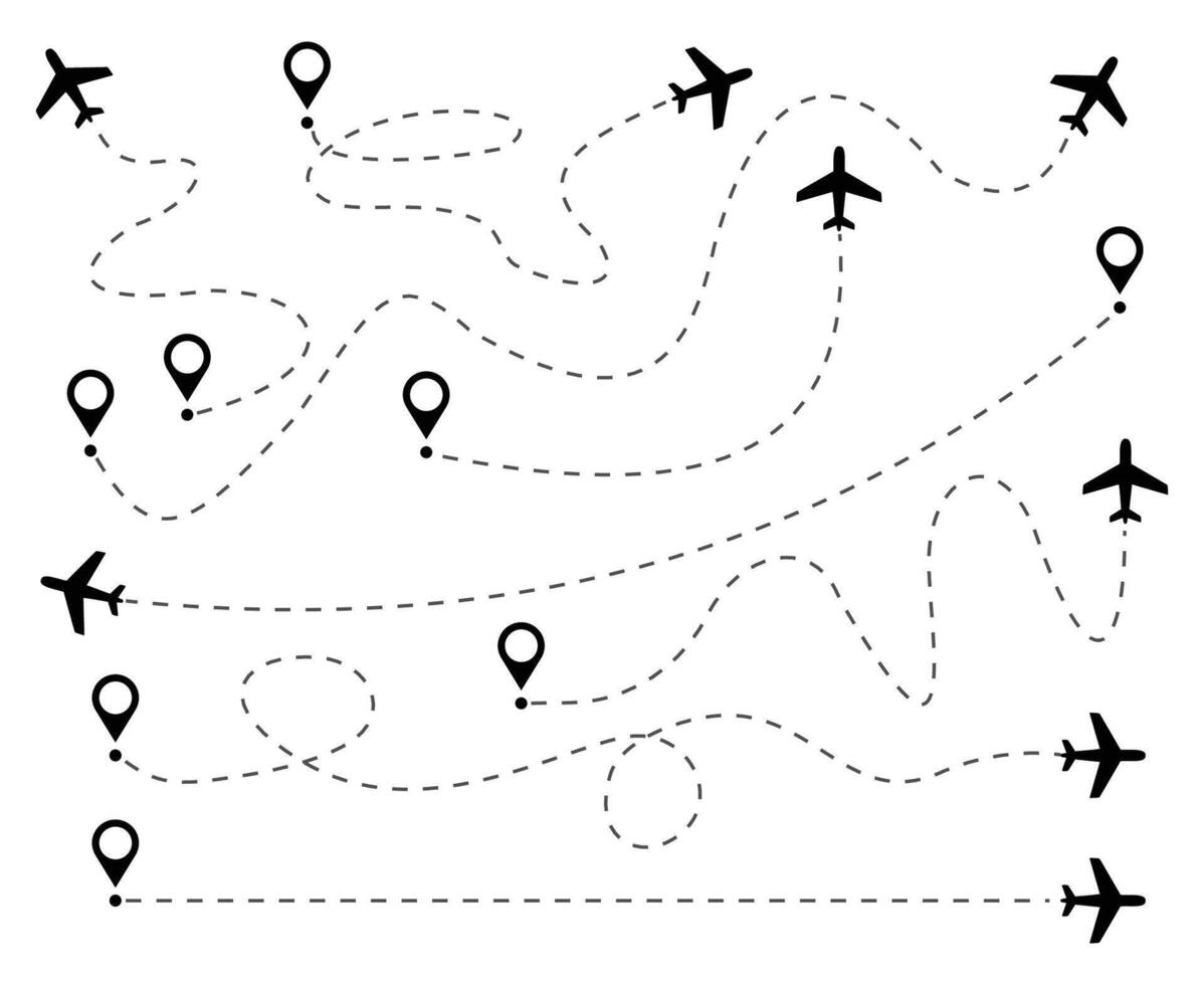 Dashed line airplane route set, Different plane with path flying from map pin, Aircraft traffic trace destinations vector