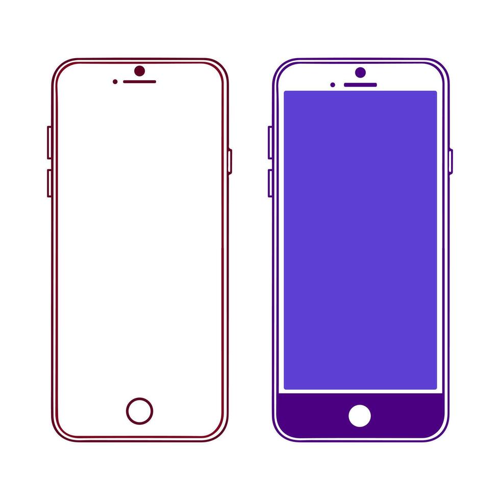 Two iphones with purple screens and one with a white screen vector
