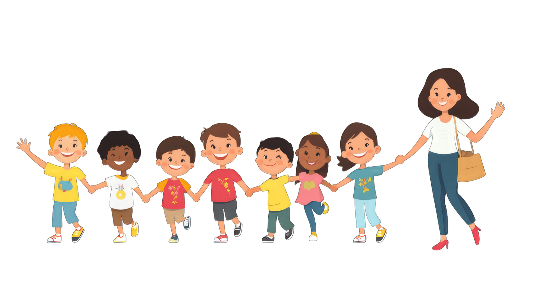 Cute cartoon illustration of diverse children holding hands and walking with their teacher Perfect for children's books websites or educational materials png
