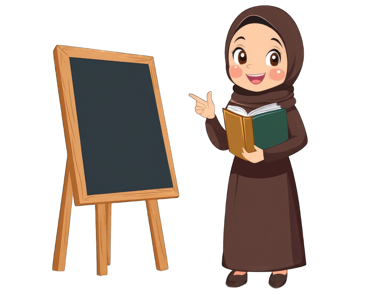 Smiling girl in hijab holds a book and points to a blackboard transparent background png