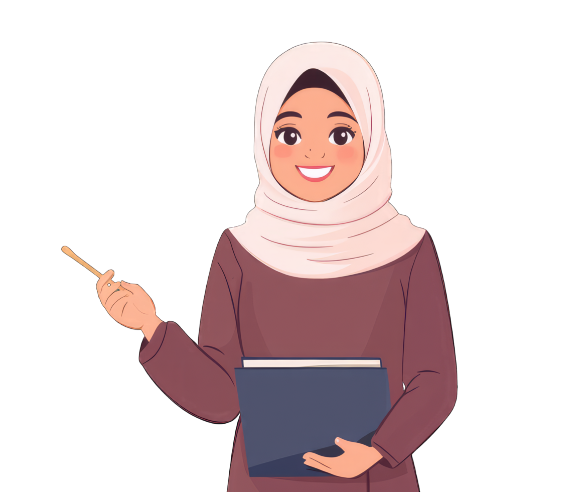 Happy young Muslim woman in hijab holding a folder and pointer ready to teach Use for educational websites or presentations png