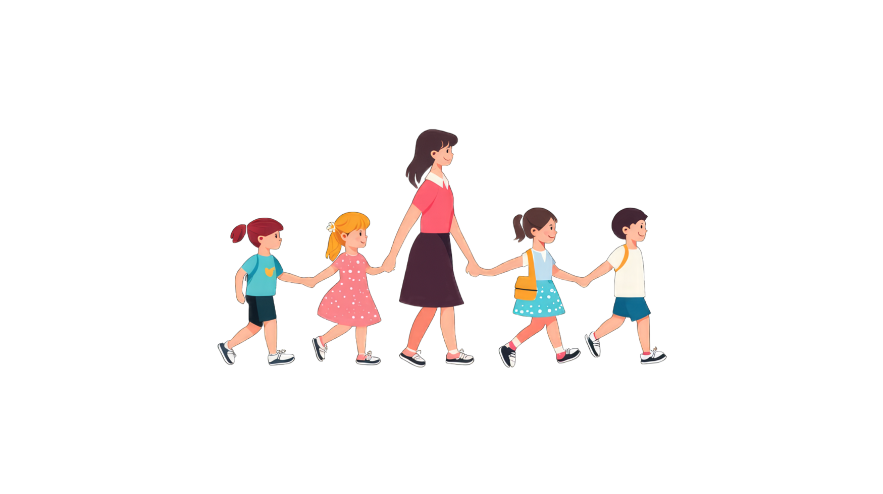 Happy teacher and her students walking hand in hand Perfect for websites or educational materials png