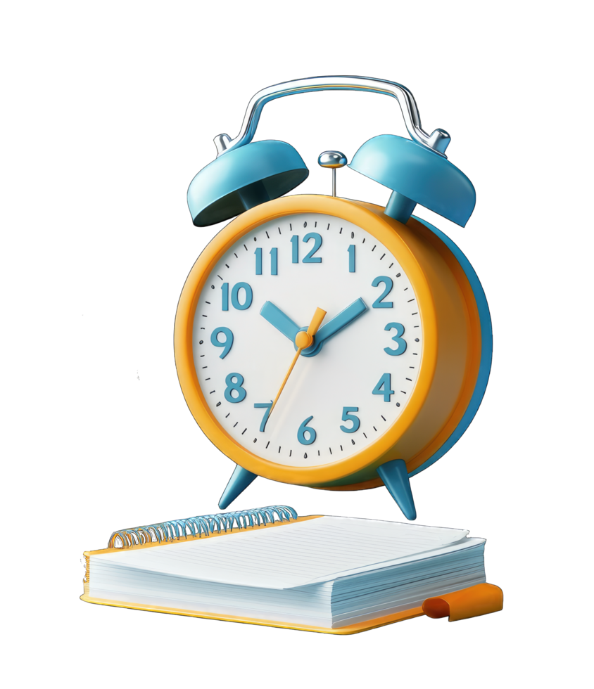 A cheerful yellow and blue alarm clock sits beside a notepad perfect for planning your day and boosting productivity Use it for school supplies or office organization. png