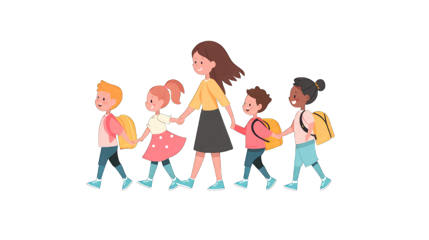 A cheerful cartoon illustration of a teacher walking with children to school perfect for educational websites or children's books png