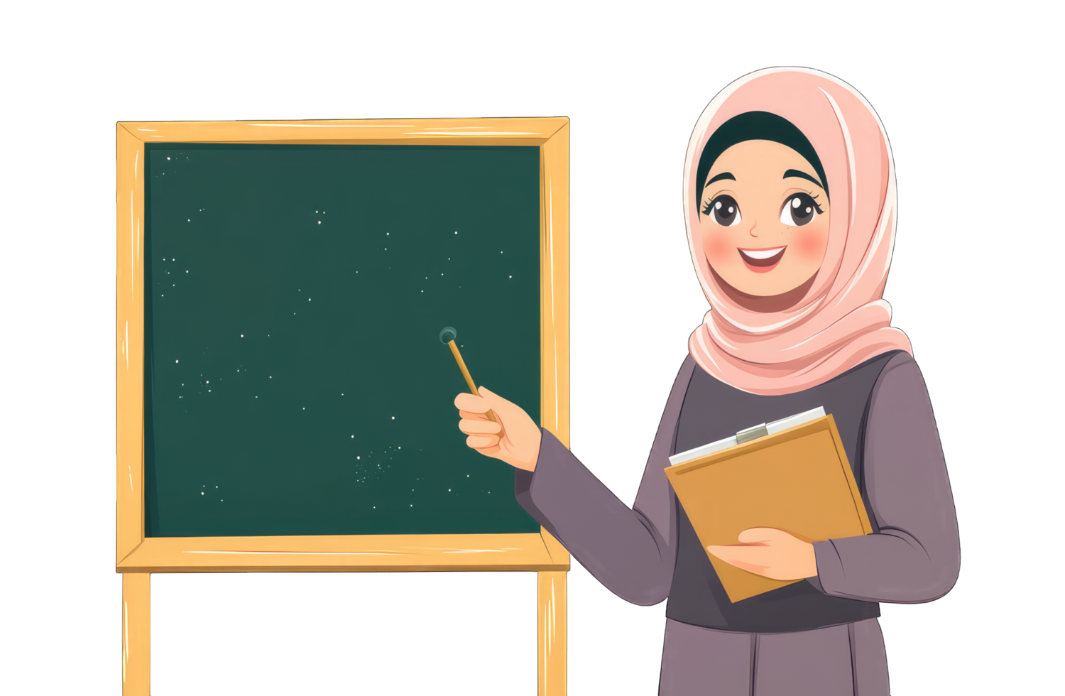 Smiling girl in hijab holds a book and points to a blackboard png
