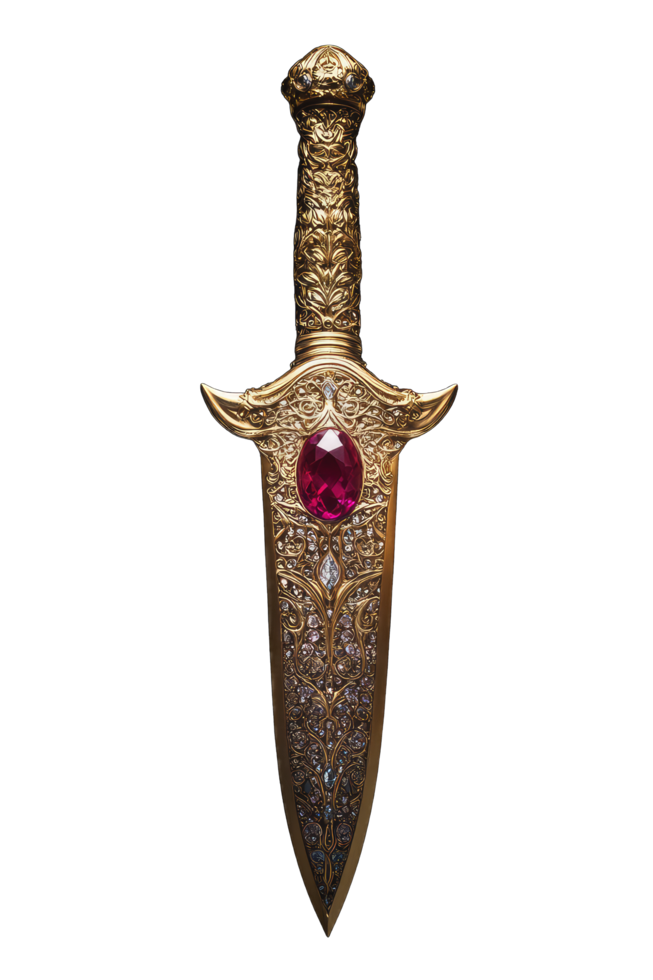 A stunning gold dagger features intricate carvings and a vibrant ruby gemstone Perfect for collectors or fantasy enthusiasts. png