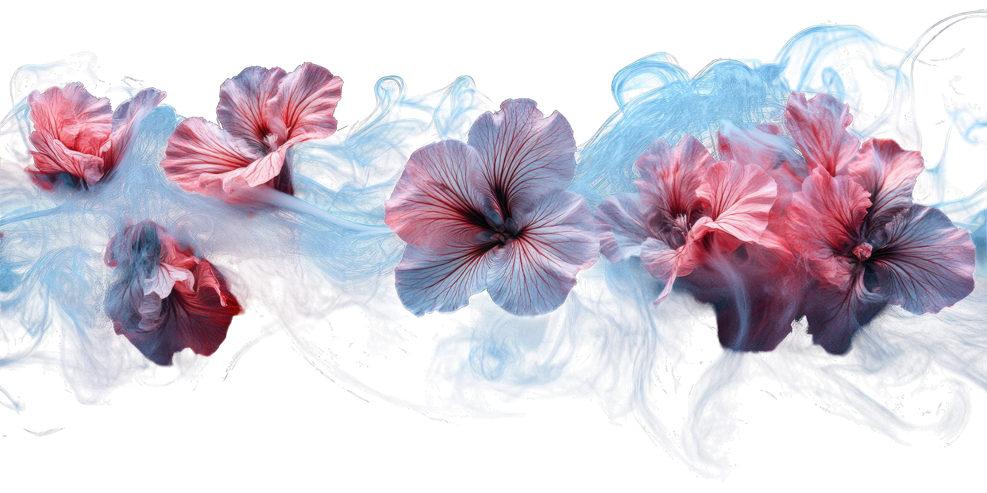 Pink and blue flowers float on a dreamy blue smoke background creating a serene and artistic image Perfect for digital art prints and website banners. png
