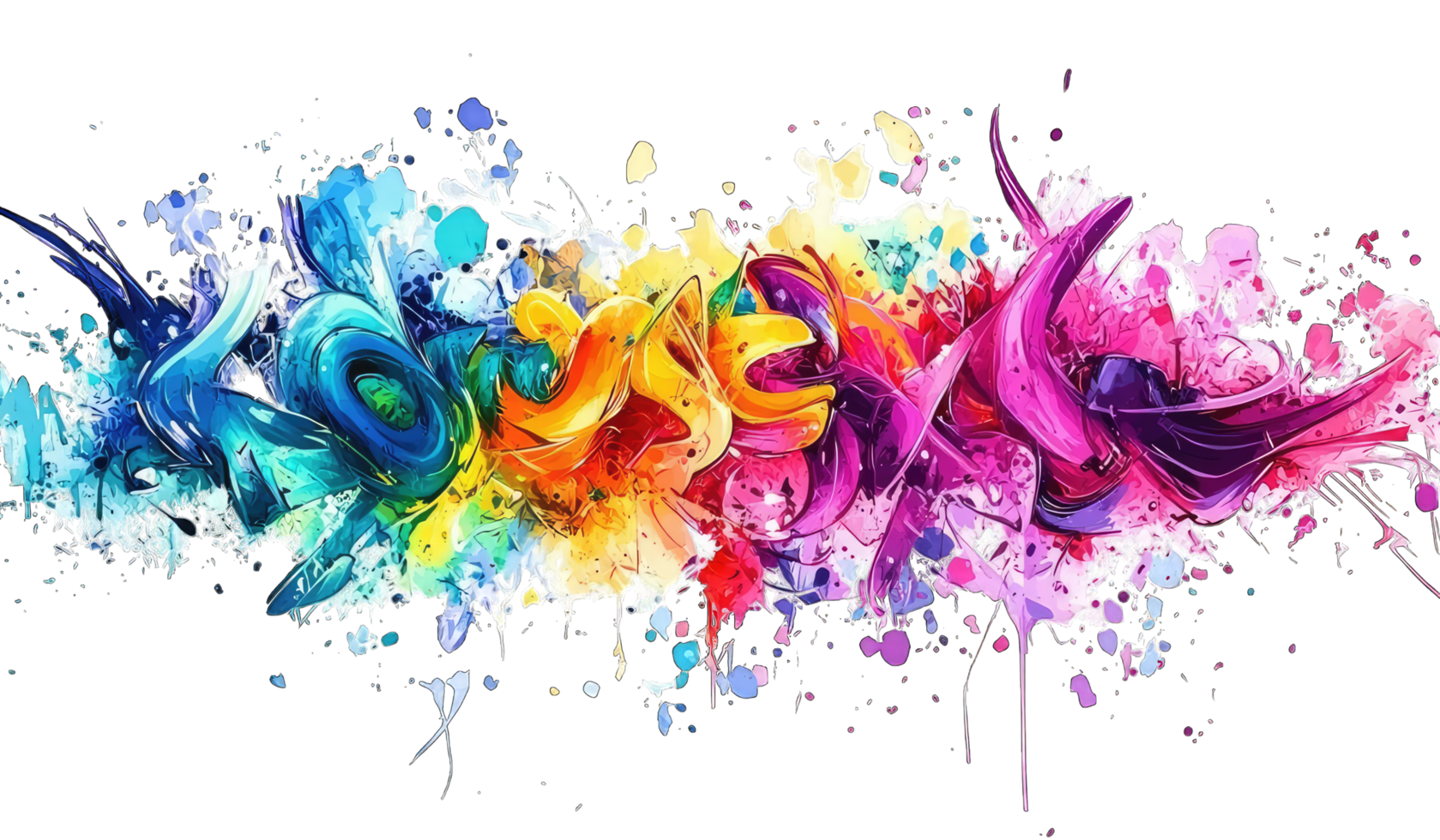 Bold rainbow graffiti art with colorful abstract shapes and paint splatters Perfect for digital art prints or vibrant website backgrounds. png