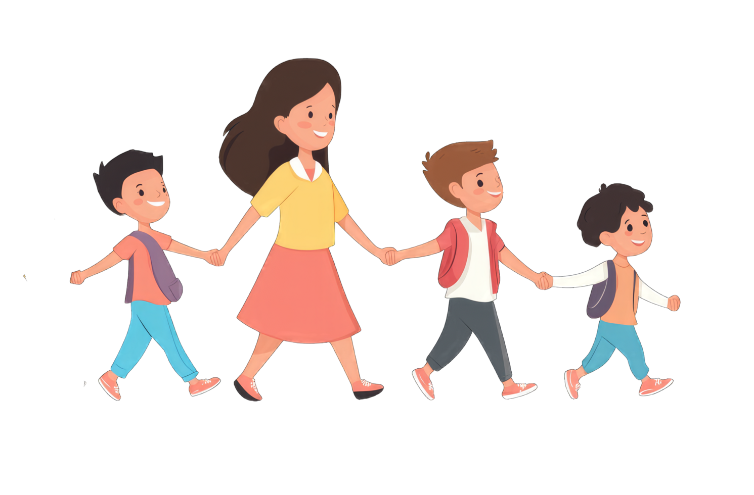 A cheerful illustration of a mom and her three kids walking hand in hand Perfect for websites blogs or educational materials png