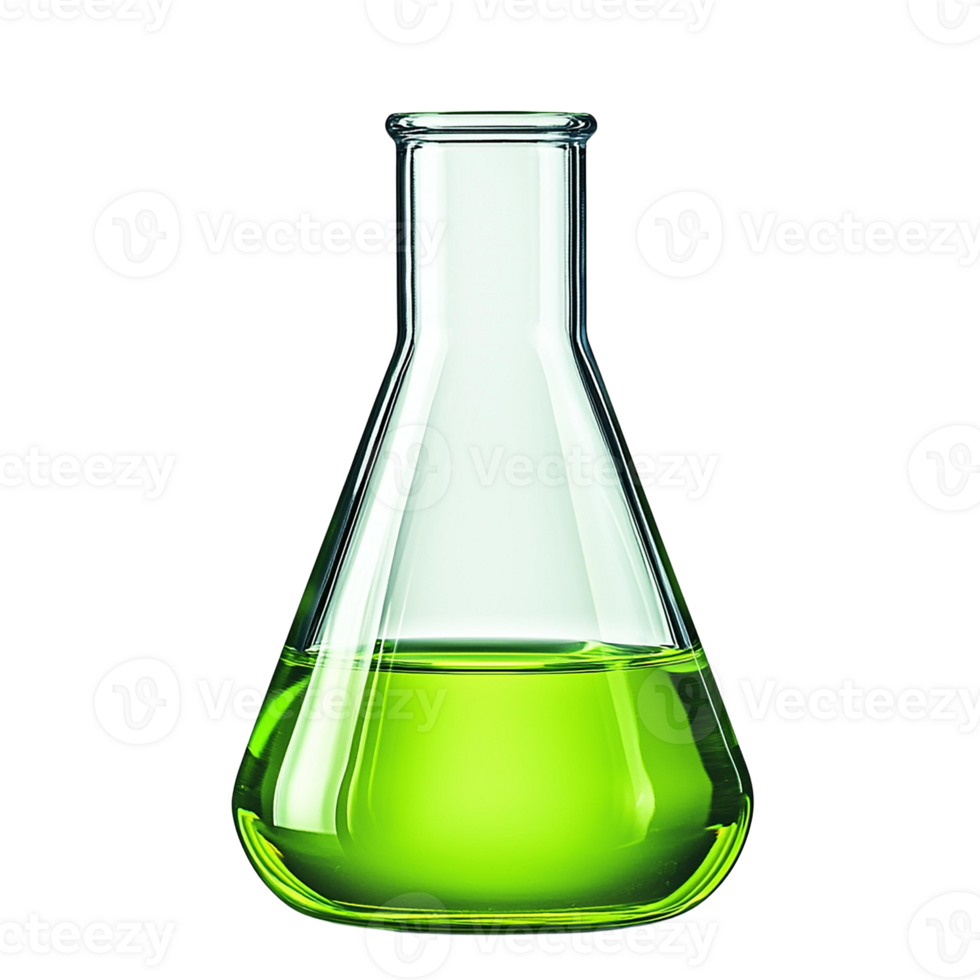 A laboratory flask containing vibrant green liquid for experiments. png