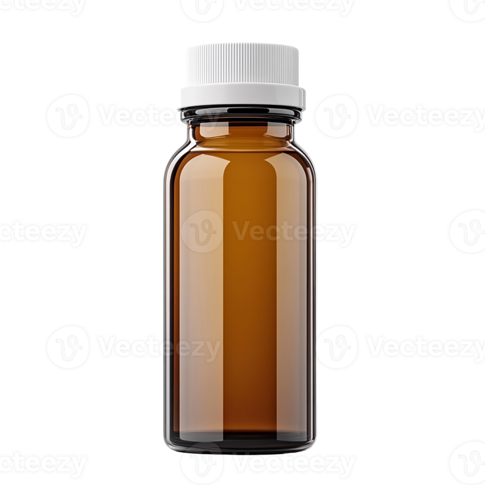 Clear amber bottle with a white cap, perfect for liquids. png