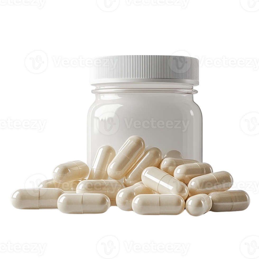 Clear jar filled with white capsules on a white background. png