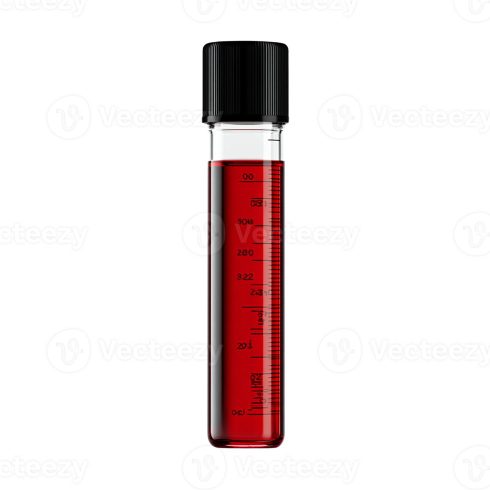 Lab test tube filled with red liquid for medical analysis. png
