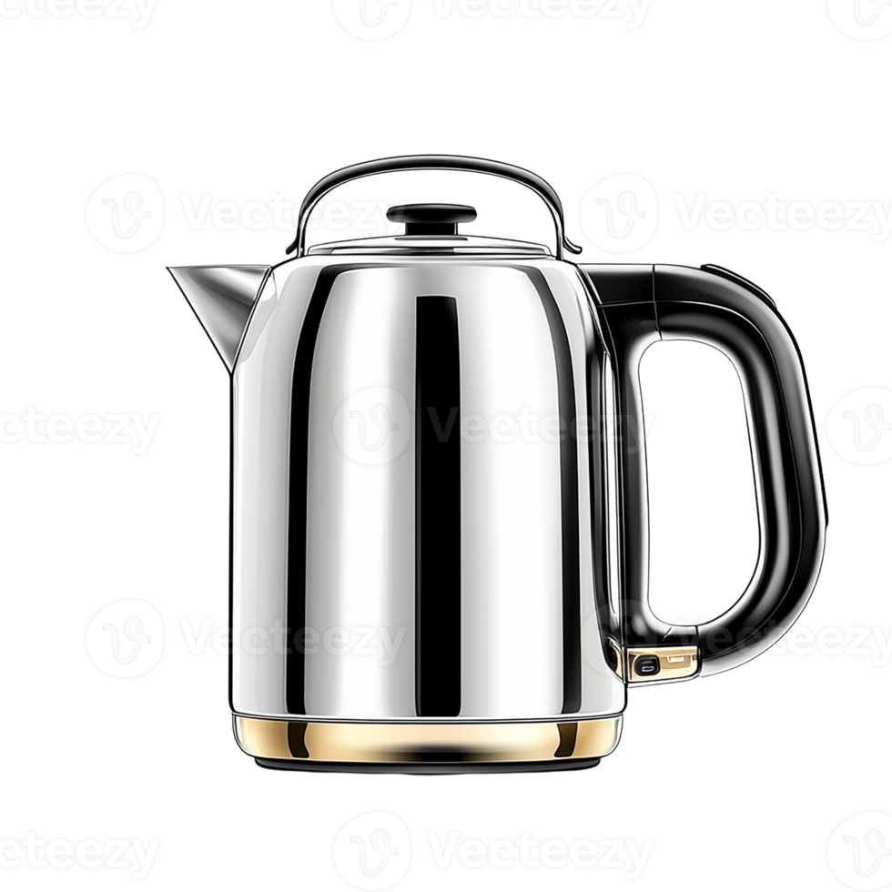 Modern stainless steel kettle with a sleek design and gold accents. png