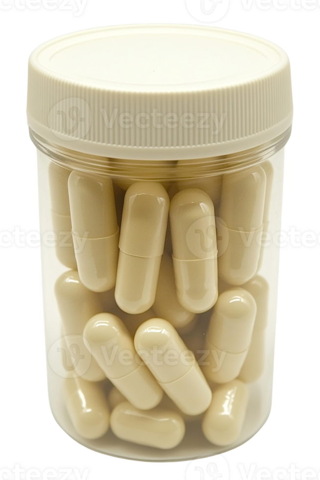 Container filled with beige capsules for health and wellness. png