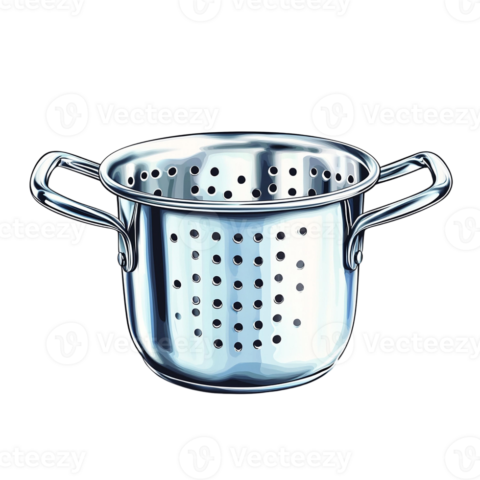 Shiny metal colander for draining pasta and rinsing vegetables. png