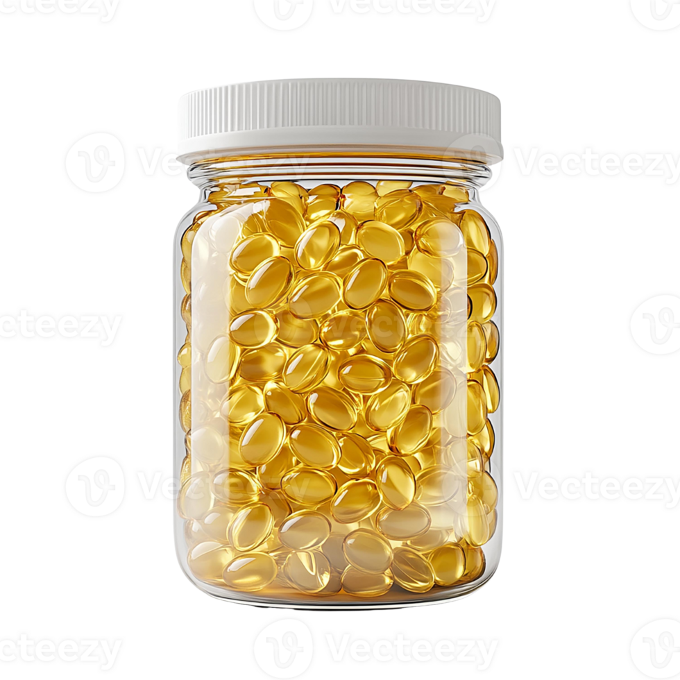 Transparent jar filled with golden softgel capsules for wellness. png