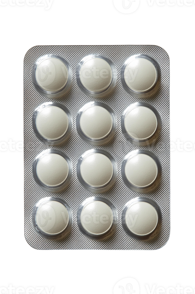 A pack of medication tablets on an isolated white background. png