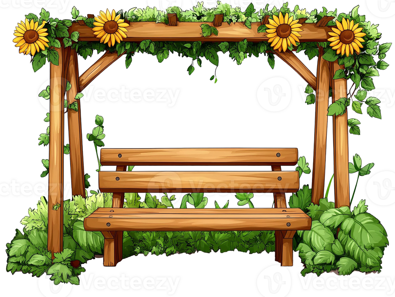 A charming wooden bench adorned with sunflowers and greenery. Watercolor clipart cartoon. png