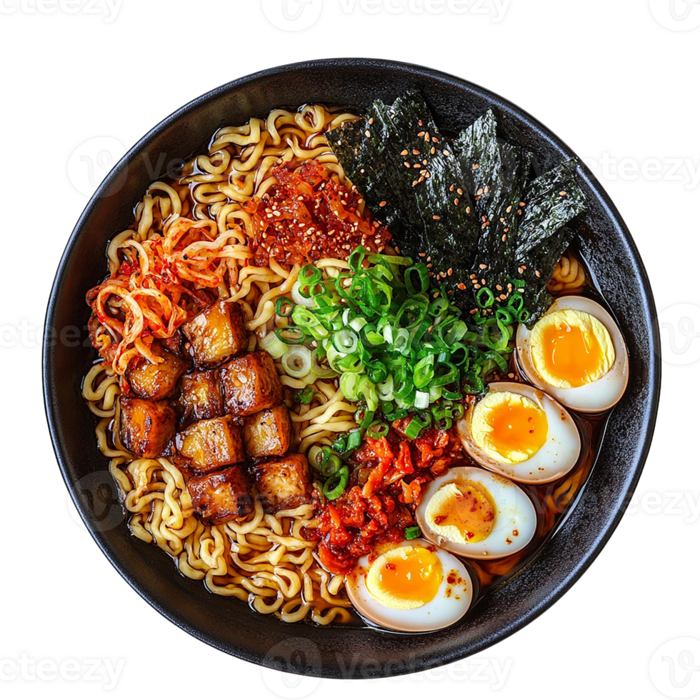 Delicious ramen bowl with eggs, seaweed, and colorful toppings. png