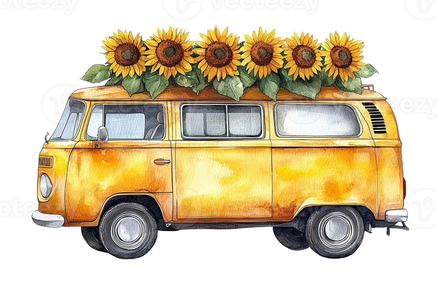 Vintage yellow van adorned with sunflowers, showcasing nostalgia. Watercolor clipart cartoon. png