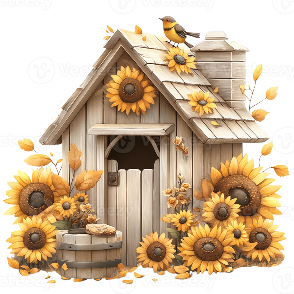 A whimsical birdhouse adorned with vibrant sunflowers. Watercolor clipart cartoon. png