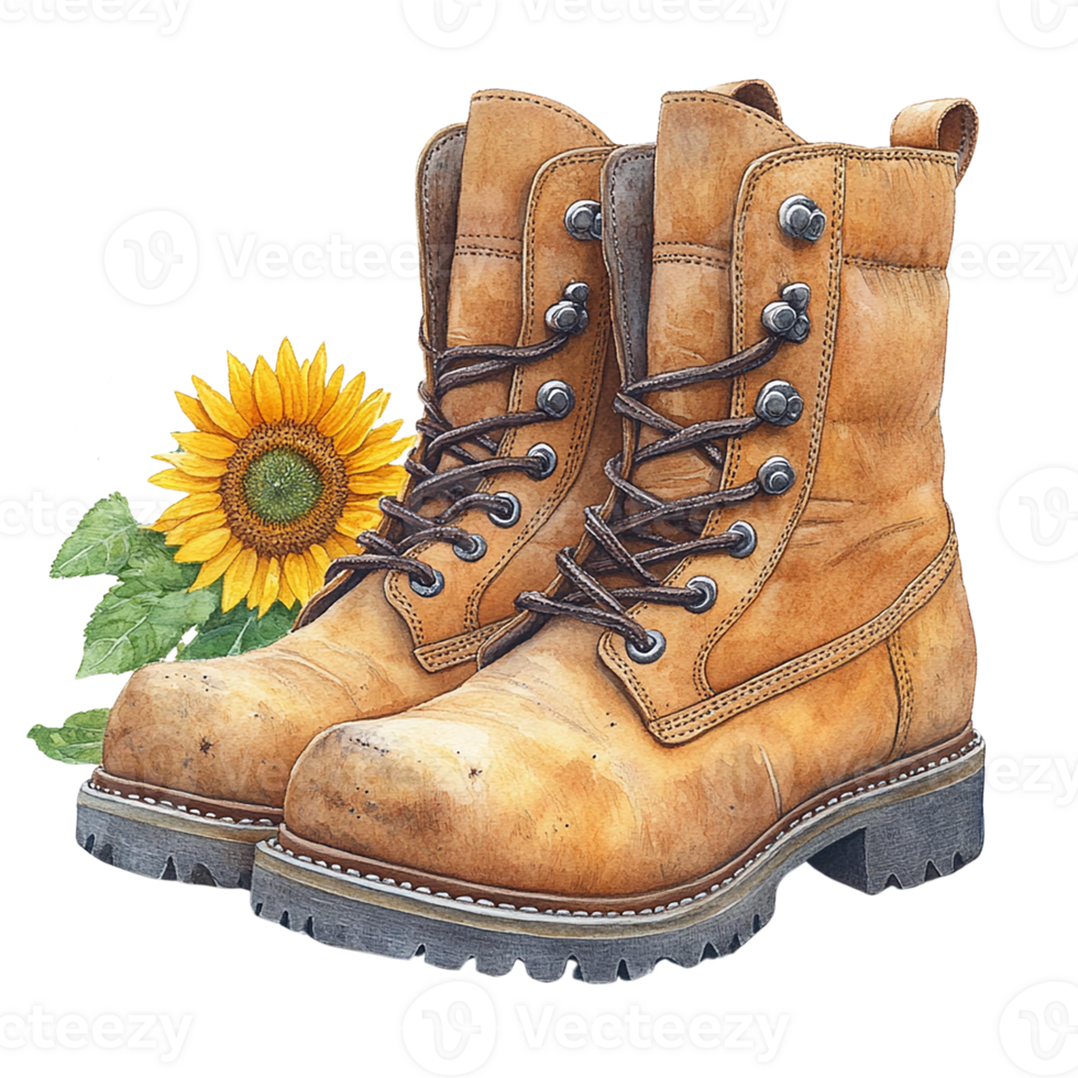 Stylish brown boots next to a vibrant sunflower for outdoor vibes. Watercolor clipart cartoon. png