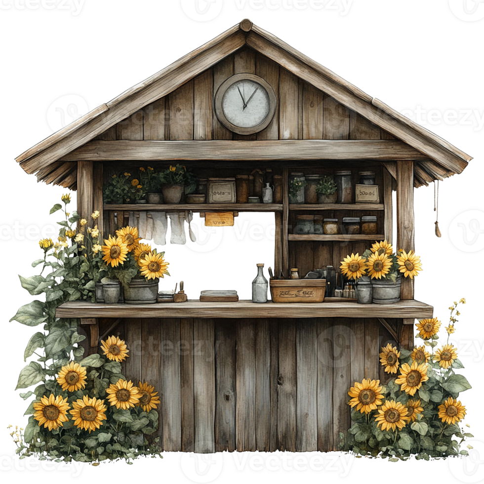 Charming wooden stall adorned with sunflowers and rustic decor. Watercolor clipart cartoon. png