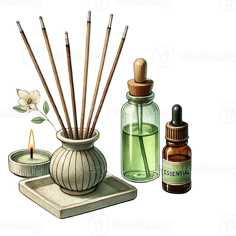 Aesthetic essential oils with candles and aroma diffusers. Watercolor clipart cartoon png