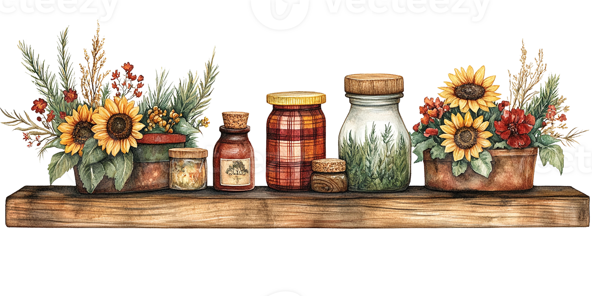 Charming shelf with jars and colorful flowers for home decor. Watercolor clipart cartoon. png