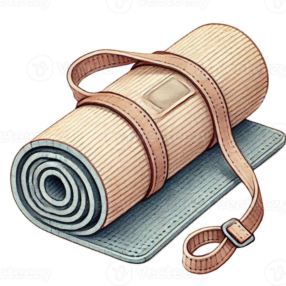 A rolled yoga mat with a strap ready for practice and relaxation. Watercolor clipart cartoon png