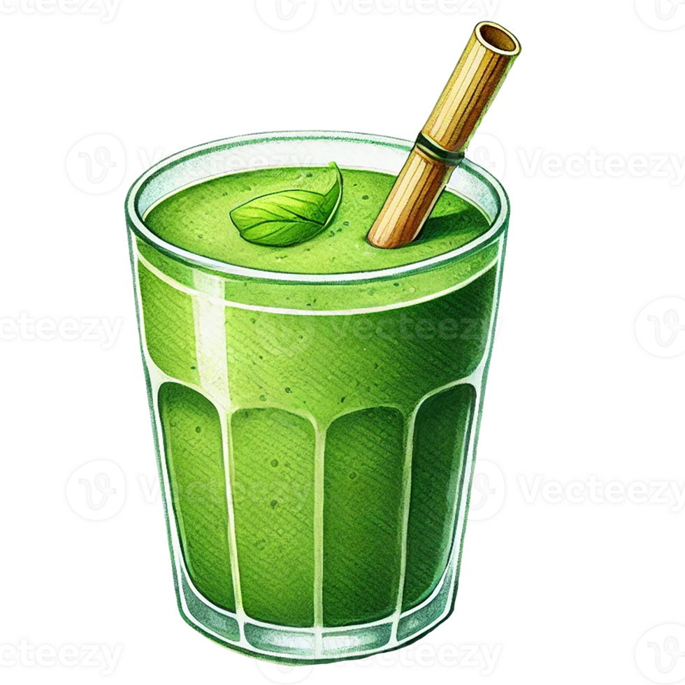 Refreshing green smoothie in a glass with a straw and mint leaf. Watercolor clipart cartoon png