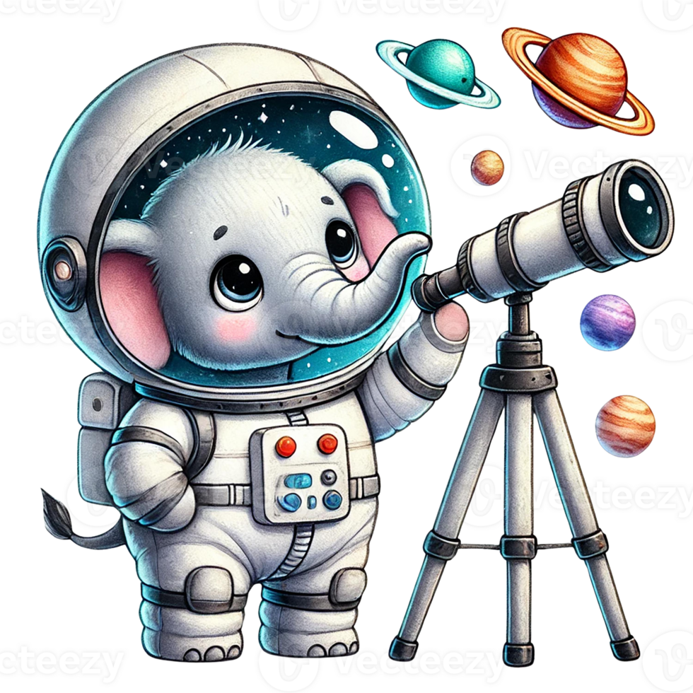 Cute elephant astronaut exploring outer space with a telescope. watercolor clipart cartoon png