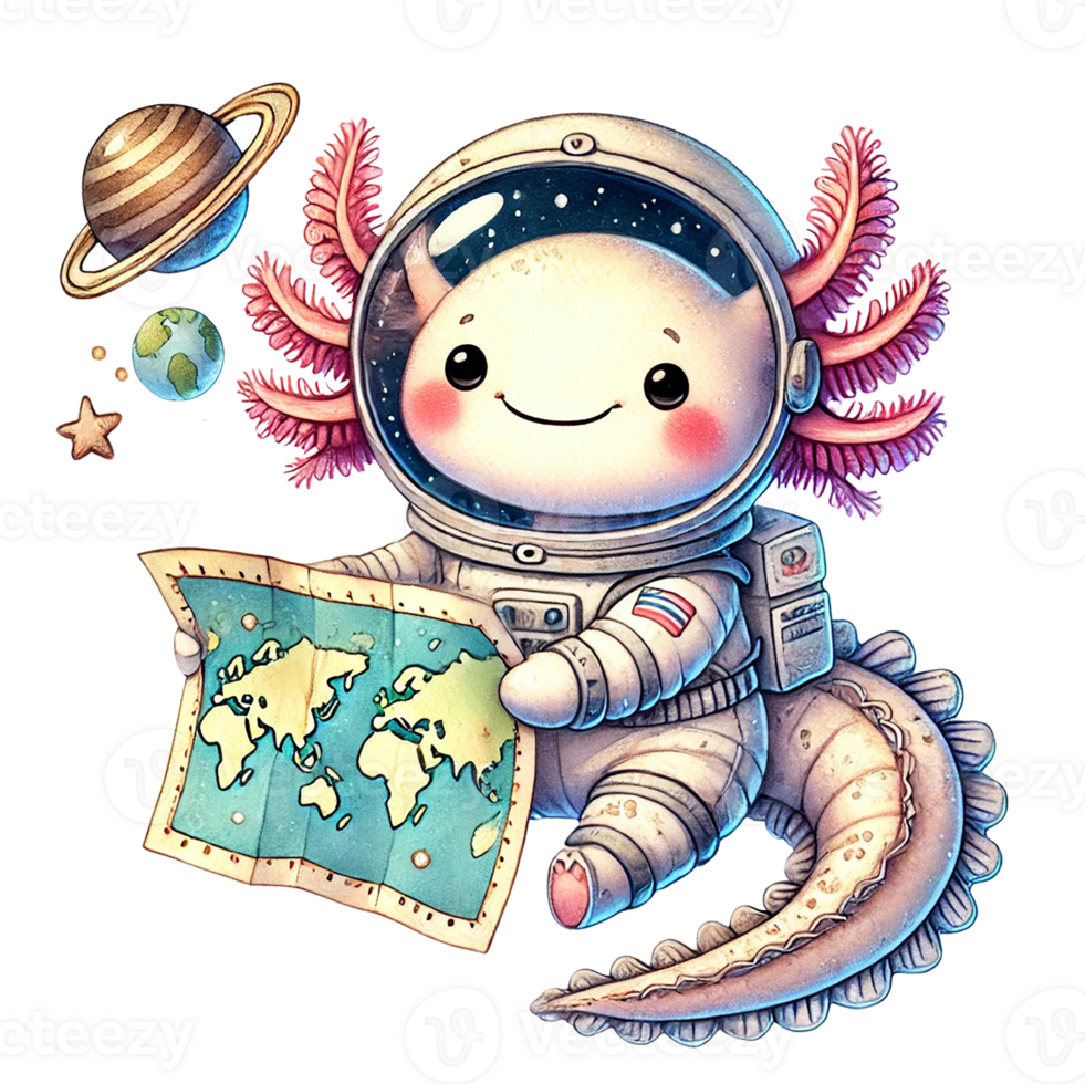 Cute space explorer creature holding a world map and smiling. watercolor clipart cartoon png