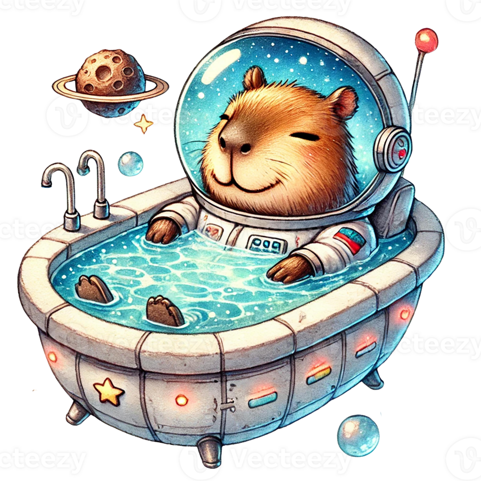 An adventurous capybara enjoying a cosmic bubble bath. watercolor clipart cartoon png