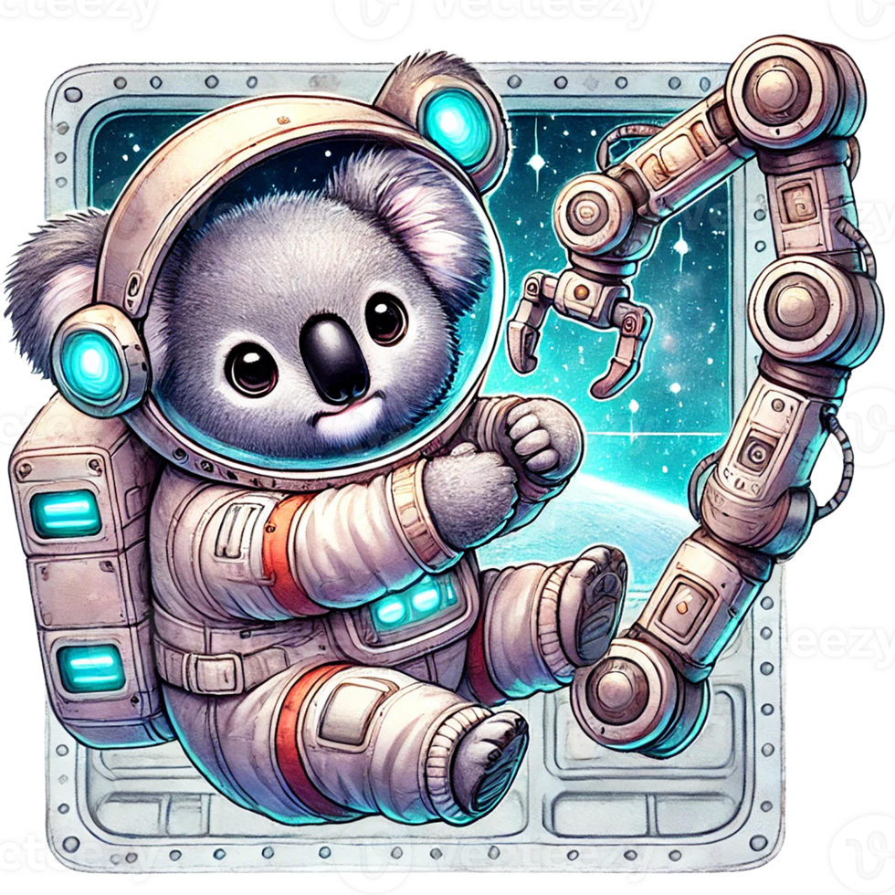 A cute koala in a space suit floating in a cosmic environment. watercolor clipart cartoon png