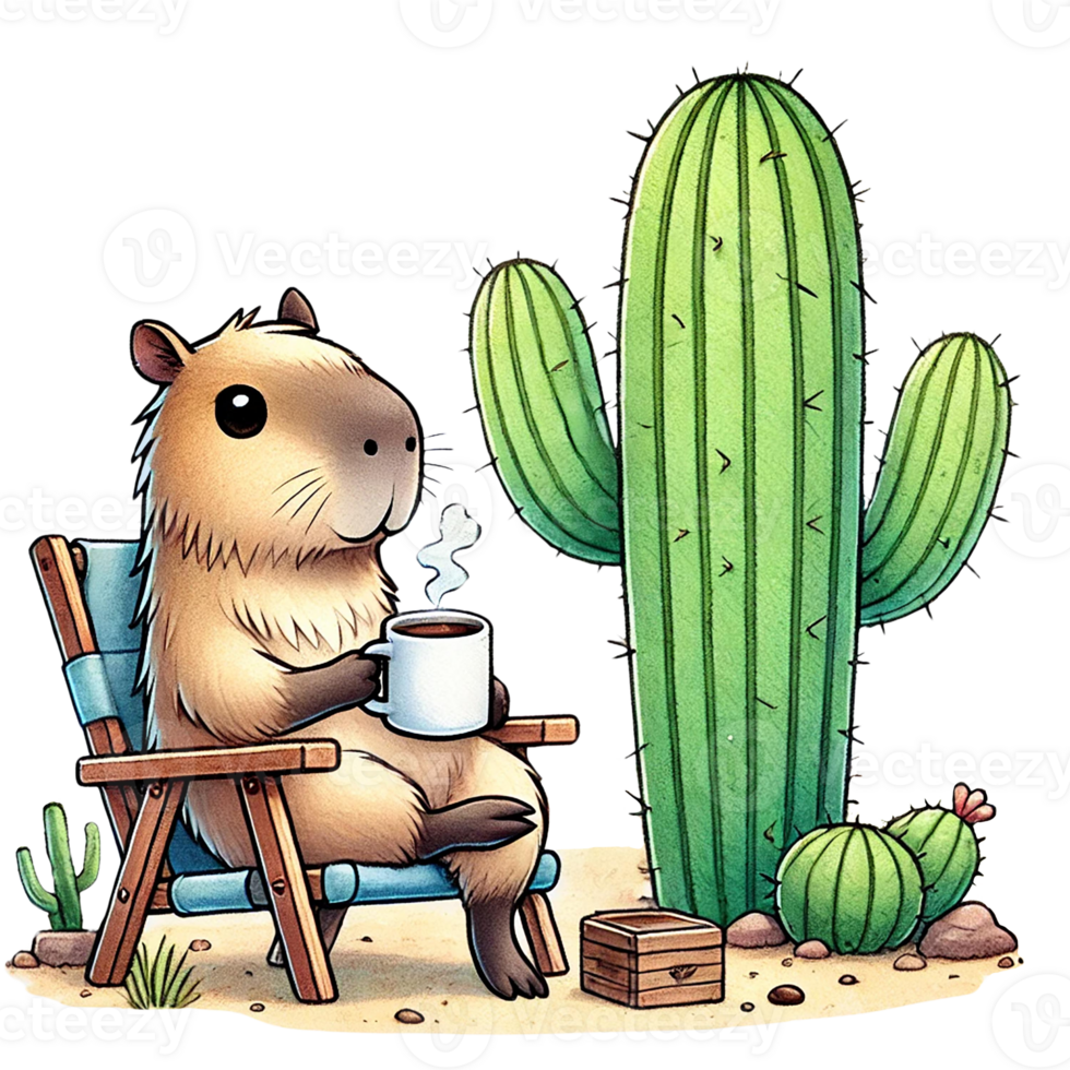 A capybara relaxes with a coffee beside a tall cactus. watercolor clipart cartoon png