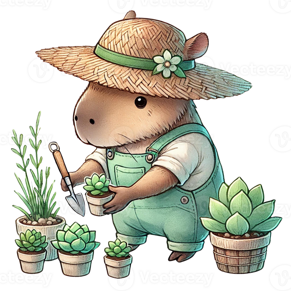 A cute capybara gardening with potted succulents. watercolor clipart cartoon png