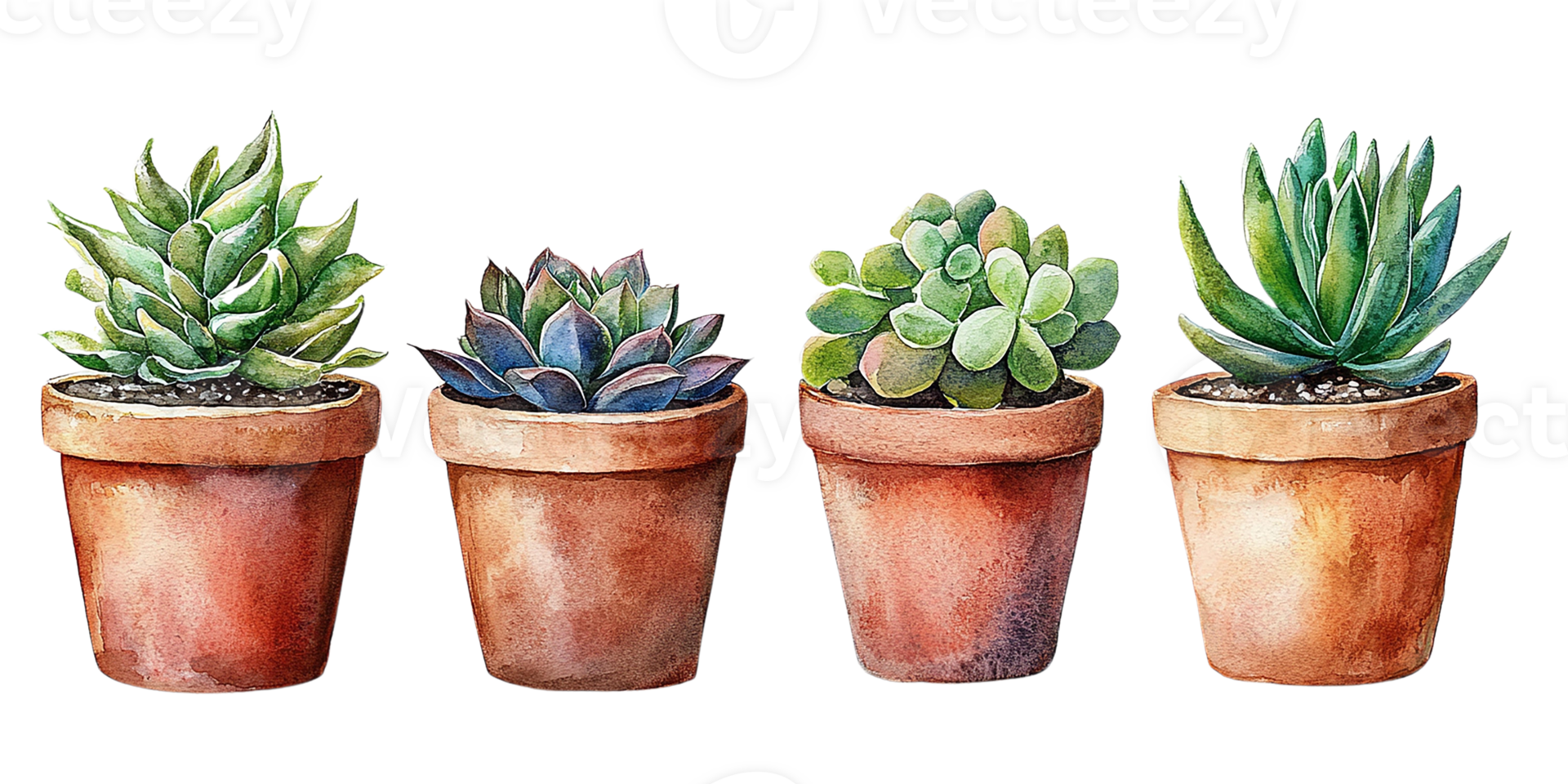 Beautiful arrangement of colorful succulents in terracotta pots. watercolor clipart cartoon png