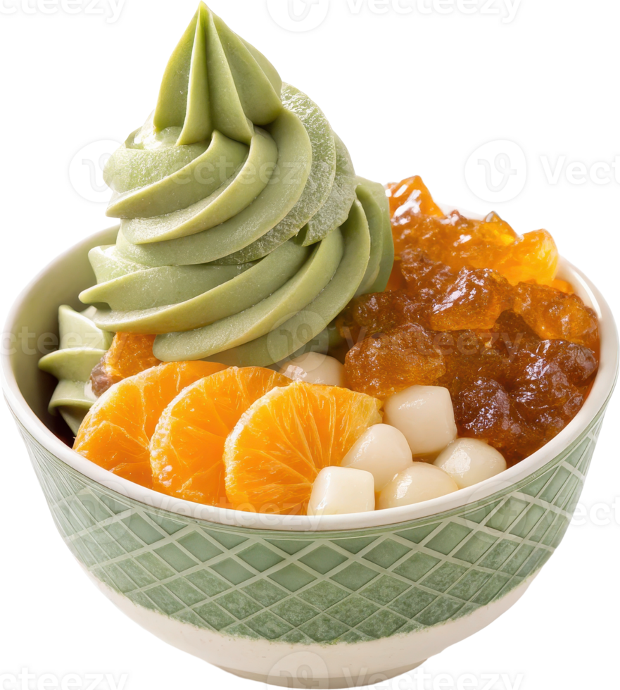 Matcha Anmitsu Dessert with Ice Cream Fruit and Green Tea Topping in a Bowl png