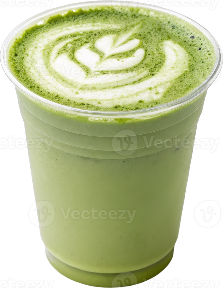 Refreshing Matcha Latte in a Stylish Glass Cup with Swirling Foam Pattern png