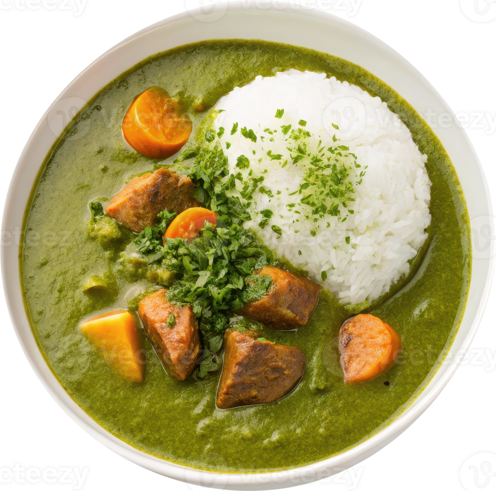 Savory Japanese Inspired Matcha Curry Rice Bowl with Fresh Vegetables and Creamy Coconut Sauce png