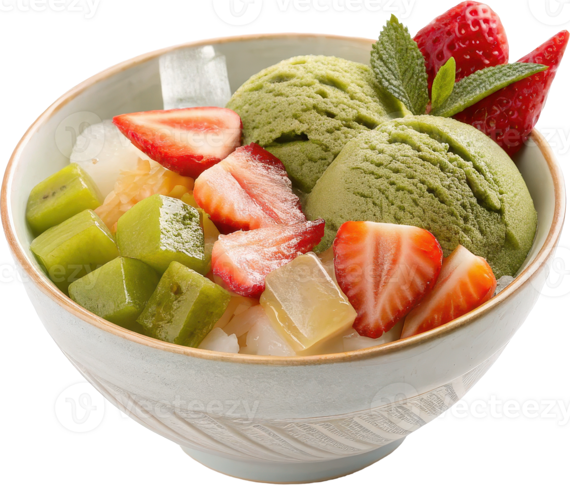 Vibrant Matcha Anmitsu Dessert Bowl with Assorted Fruits and Ice Cream png
