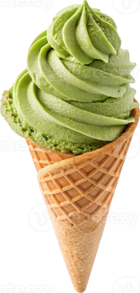 Tall and Tempting Matcha Infused Ice Cream Swirl in Crisp Waffle Cone png